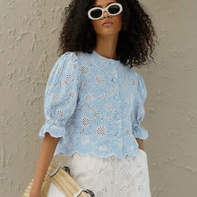 Load image into Gallery viewer, Women Embroidery Short Shirt Flared Sleeves Cropped Exposed Shirt Top