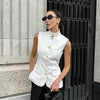 Sleeveless Vest Top White Small Stand Collar