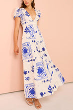 Load image into Gallery viewer, Low Cut V Neck Printed Puff Sleeve Large Swing Cotton Linen Dress
