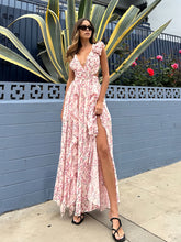 Load image into Gallery viewer, Hollow slim deep V ruffled floral backless dress
