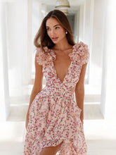 Load image into Gallery viewer, Hollow slim deep V ruffled floral backless dress