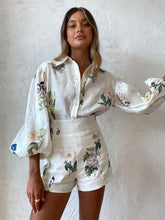 Load image into Gallery viewer, New style fresh floral ladylike temperament commuter long-sleeved shirt top high-waisted shorts suit