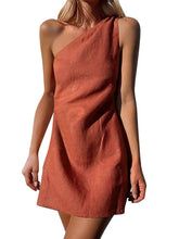 Load image into Gallery viewer, New casual solid color slant shoulder dress
