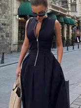 Load image into Gallery viewer, New Sleeveless V-neck Casua Waist Zipper Neck Dress